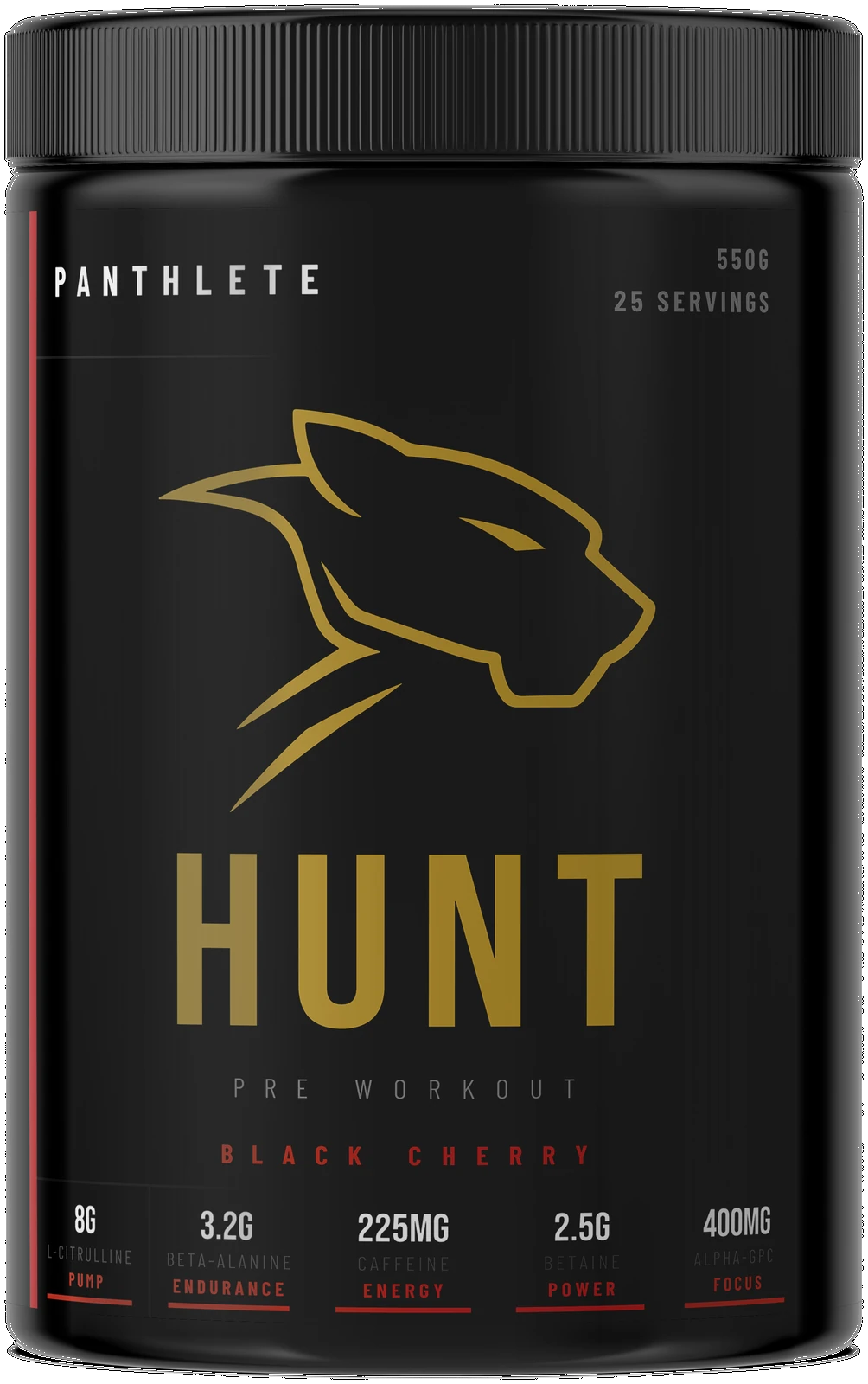 HUNT Pre Workout, Black Cherry flavour, 550g tub